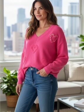 Pink Heart Embellished Sweater Sm